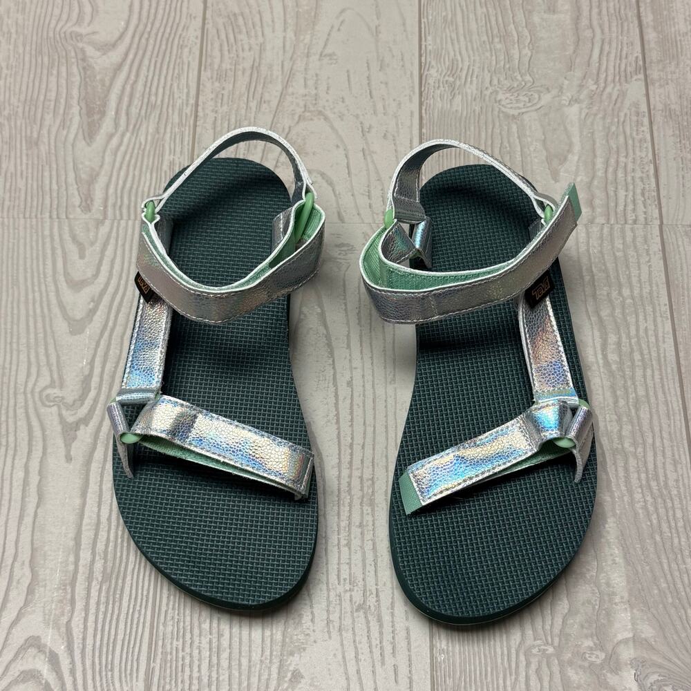 Teva Women’s Size 5 Original Universal Sandals Silver Holographic Green Straps